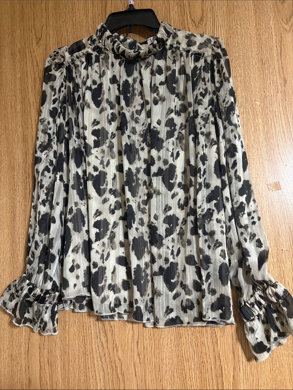 TCEC Black & Cream Animal-Print Pleated High-Neck Blouse